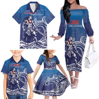 Samoa Manuia le Aso Tuto'atasi Siapo Motif Family Matching Off The Shoulder Long Sleeve Dress and Hawaiian Shirt Warrior with Nifo Oti LT7 - Polynesian Pride