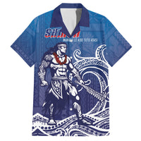 Samoa Manuia le Aso Tuto'atasi Siapo Motif Family Matching Off The Shoulder Long Sleeve Dress and Hawaiian Shirt Warrior with Nifo Oti LT7 Dad's Shirt - Short Sleeve Blue - Polynesian Pride