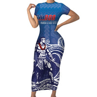 Samoa Manuia le Aso Tuto'atasi Siapo Motif Family Matching Short Sleeve Bodycon Dress and Hawaiian Shirt Warrior with Nifo Oti LT7 Mom's Dress Blue - Polynesian Pride