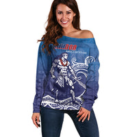 Samoa Manuia le Aso Tuto'atasi Siapo Motif Off Shoulder Sweater Warrior with Nifo Oti LT7 Women Blue - Polynesian Pride