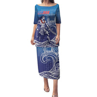 Samoa Manuia le Aso Tuto'atasi Siapo Motif Puletasi Warrior with Nifo Oti LT7 Long Dress Blue - Polynesian Pride