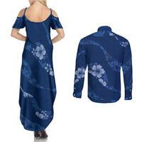 Aloha Hawaii Floral Tapa Couples Matching Summer Maxi Dress and Long Sleeve Button Shirt Patchwork Navy LT7 - Polynesian Pride