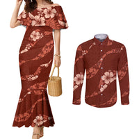 Aloha Hawaii Floral Tapa Couples Matching Mermaid Dress and Long Sleeve Button Shirt Patchwork Crimson LT7 Crimson - Polynesian Pride