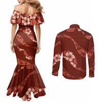 Aloha Hawaii Floral Tapa Couples Matching Mermaid Dress and Long Sleeve Button Shirt Patchwork Crimson LT7 - Polynesian Pride