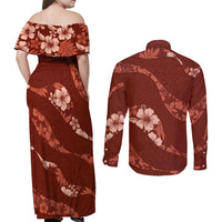 Aloha Hawaii Floral Tapa Couples Matching Off Shoulder Maxi Dress and Long Sleeve Button Shirt Patchwork Crimson LT7 - Polynesian Pride