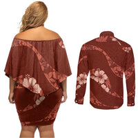 Aloha Hawaii Floral Tapa Couples Matching Off Shoulder Short Dress and Long Sleeve Button Shirt Patchwork Crimson LT7 - Polynesian Pride