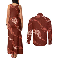 Aloha Hawaii Floral Tapa Couples Matching Tank Maxi Dress and Long Sleeve Button Shirt Patchwork Crimson LT7 - Polynesian Pride