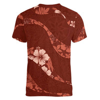 Aloha Hawaii Floral Tapa Women V-Neck T-Shirt Patchwork Crimson LT7 - Polynesian Pride
