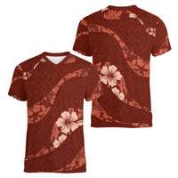 Aloha Hawaii Floral Tapa Women V-Neck T-Shirt Patchwork Crimson LT7 - Polynesian Pride