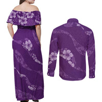 Aloha Hawaii Floral Tapa Couples Matching Off Shoulder Maxi Dress and Long Sleeve Button Shirt Patchwork Violet LT7 - Polynesian Pride