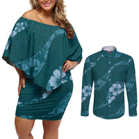 Aloha Hawaii Floral Tapa Couples Matching Off Shoulder Short Dress and Long Sleeve Button Shirt Patchwork Teal LT7 Teal - Polynesian Pride