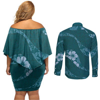 Aloha Hawaii Floral Tapa Couples Matching Off Shoulder Short Dress and Long Sleeve Button Shirt Patchwork Teal LT7 - Polynesian Pride