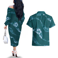 Aloha Hawaii Floral Tapa Couples Matching Off The Shoulder Long Sleeve Dress and Hawaiian Shirt Patchwork Teal - Polynesian Pride