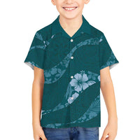 Aloha Hawaii Floral Tapa Family Matching Long Sleeve Bodycon Dress and Hawaiian Shirt Patchwork Teal - Polynesian Pride