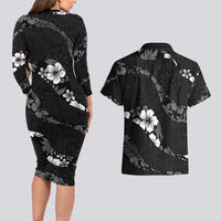 Aloha Hawaii Floral Tapa Couples Matching Long Sleeve Bodycon Dress and Hawaiian Shirt Patchwork Charcoal LT7 - Polynesian Pride