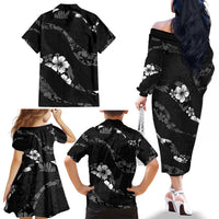 Aloha Hawaii Floral Tapa Family Matching Off The Shoulder Long Sleeve Dress and Hawaiian Shirt Patchwork Charcoal LT7 - Polynesian Pride