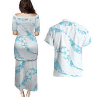 Aloha Hawaii Floral Tapa Couples Matching Puletasi and Hawaiian Shirt Patchwork Turquoise - Polynesian Pride