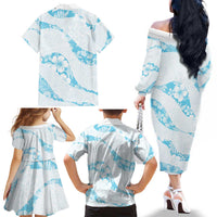 Aloha Hawaii Floral Tapa Family Matching Off The Shoulder Long Sleeve Dress and Hawaiian Shirt Patchwork Turquoise LT7 - Polynesian Pride
