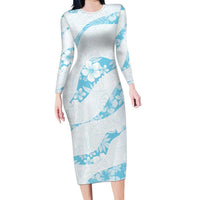 Aloha Hawaii Floral Tapa Long Sleeve Bodycon Dress Patchwork Turquoise - Polynesian Pride