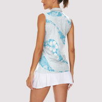 Aloha Hawaii Floral Tapa Women Sleeveless Polo Shirt Patchwork Turquoise - Polynesian Pride