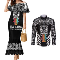 Personalised Kia Kaha Te Reo Maori Couples Matching Mermaid Dress and Long Sleeve Button Shirts Hei Tiki Mix Koru - Black LT7 Black - Polynesian Pride