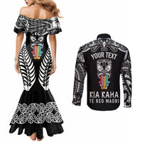 Personalised Kia Kaha Te Reo Maori Couples Matching Mermaid Dress and Long Sleeve Button Shirts Hei Tiki Mix Koru - Black LT7 - Polynesian Pride