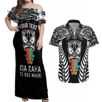 Personalised Kia Kaha Te Reo Maori Couples Matching Off Shoulder Maxi Dress and Hawaiian Shirt Hei Tiki Mix Koru - Black LT7 Black - Polynesian Pride