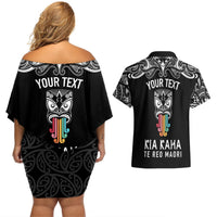 Personalised Kia Kaha Te Reo Maori Couples Matching Off Shoulder Short Dress and Hawaiian Shirt Hei Tiki Mix Koru - Black LT7 - Polynesian Pride