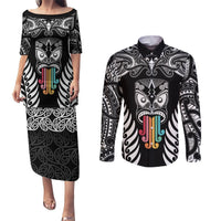Personalised Kia Kaha Te Reo Maori Couples Matching Puletasi Dress and Long Sleeve Button Shirts Hei Tiki Mix Koru - Black LT7 Black - Polynesian Pride