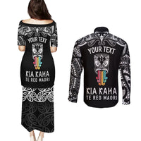 Personalised Kia Kaha Te Reo Maori Couples Matching Puletasi Dress and Long Sleeve Button Shirts Hei Tiki Mix Koru - Black LT7 - Polynesian Pride
