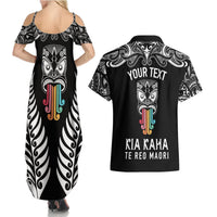 Personalised Kia Kaha Te Reo Maori Couples Matching Summer Maxi Dress and Hawaiian Shirt Hei Tiki Mix Koru - Black LT7 - Polynesian Pride
