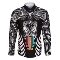 Personalised Kia Kaha Te Reo Maori Family Matching Long Sleeve Bodycon Dress and Hawaiian Shirt Hei Tiki Mix Koru - Black LT7 Dad's Shirt - Long Sleeve Black - Polynesian Pride