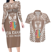 Personalised Kia Kaha Te Reo Maori Couples Matching Long Sleeve Bodycon Dress and Hawaiian Shirt Hei Tiki Mix Koru - Brown LT7 Brown - Polynesian Pride