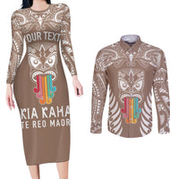 Personalised Kia Kaha Te Reo Maori Couples Matching Long Sleeve Bodycon Dress and Long Sleeve Button Shirts Hei Tiki Mix Koru - Brown LT7 Brown - Polynesian Pride