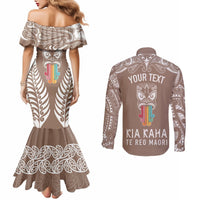 Personalised Kia Kaha Te Reo Maori Couples Matching Mermaid Dress and Long Sleeve Button Shirts Hei Tiki Mix Koru - Brown LT7 - Polynesian Pride