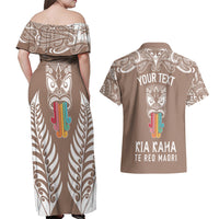 Personalised Kia Kaha Te Reo Maori Couples Matching Off Shoulder Maxi Dress and Hawaiian Shirt Hei Tiki Mix Koru - Brown LT7 - Polynesian Pride