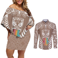 Personalised Kia Kaha Te Reo Maori Couples Matching Off Shoulder Short Dress and Long Sleeve Button Shirts Hei Tiki Mix Koru - Brown LT7 Brown - Polynesian Pride