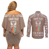 Personalised Kia Kaha Te Reo Maori Couples Matching Off Shoulder Short Dress and Long Sleeve Button Shirts Hei Tiki Mix Koru - Brown LT7 - Polynesian Pride