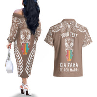 Personalised Kia Kaha Te Reo Maori Couples Matching Off The Shoulder Long Sleeve Dress and Hawaiian Shirt Hei Tiki Mix Koru - Brown LT7 - Polynesian Pride