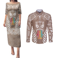 Personalised Kia Kaha Te Reo Maori Couples Matching Puletasi Dress and Long Sleeve Button Shirts Hei Tiki Mix Koru - Brown LT7 Brown - Polynesian Pride