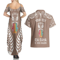 Personalised Kia Kaha Te Reo Maori Couples Matching Summer Maxi Dress and Hawaiian Shirt Hei Tiki Mix Koru - Brown LT7 - Polynesian Pride