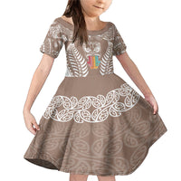 Personalised Kia Kaha Te Reo Maori Family Matching Mermaid Dress and Hawaiian Shirt Hei Tiki Mix Koru - Brown LT7 Daughter's Dress Brown - Polynesian Pride