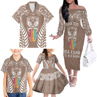 Personalised Kia Kaha Te Reo Maori Family Matching Off Shoulder Long Sleeve Dress and Hawaiian Shirt Hei Tiki Mix Koru - Brown LT7 - Polynesian Pride