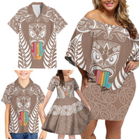 Personalised Kia Kaha Te Reo Maori Family Matching Off Shoulder Short Dress and Hawaiian Shirt Hei Tiki Mix Koru - Brown LT7 - Polynesian Pride