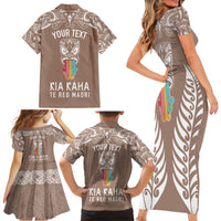 Personalised Kia Kaha Te Reo Maori Family Matching Short Sleeve Bodycon Dress and Hawaiian Shirt Hei Tiki Mix Koru - Brown LT7 - Polynesian Pride