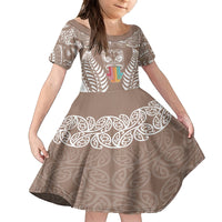 Personalised Kia Kaha Te Reo Maori Family Matching Summer Maxi Dress and Hawaiian Shirt Hei Tiki Mix Koru - Brown LT7 Daughter's Dress Brown - Polynesian Pride