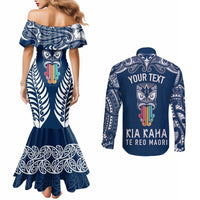 Personalised Kia Kaha Te Reo Maori Couples Matching Mermaid Dress and Long Sleeve Button Shirts Hei Tiki Mix Koru - Navy Blue LT7 - Polynesian Pride