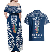 Personalised Kia Kaha Te Reo Maori Couples Matching Off Shoulder Maxi Dress and Hawaiian Shirt Hei Tiki Mix Koru - Navy Blue LT7 - Polynesian Pride