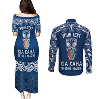 Personalised Kia Kaha Te Reo Maori Couples Matching Puletasi Dress and Long Sleeve Button Shirts Hei Tiki Mix Koru - Navy Blue LT7 - Polynesian Pride