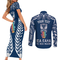 Personalised Kia Kaha Te Reo Maori Couples Matching Short Sleeve Bodycon Dress and Long Sleeve Button Shirts Hei Tiki Mix Koru - Navy Blue LT7 - Polynesian Pride